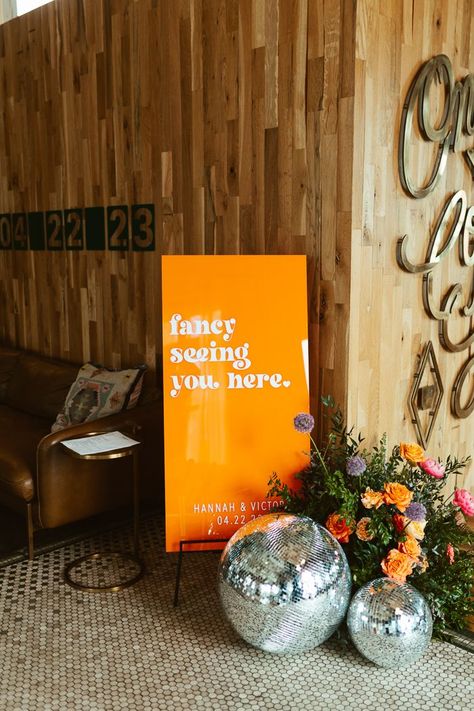 Disco themed signage and decor | Image by Elizabeth Salazar Bold Wedding Decor, Disco Signage, Ginger Cakes, Onyx Coffee, Shed Wedding, Orange And Pink Wedding, Wellness Ideas, Disco Decorations, Disco Party Decorations