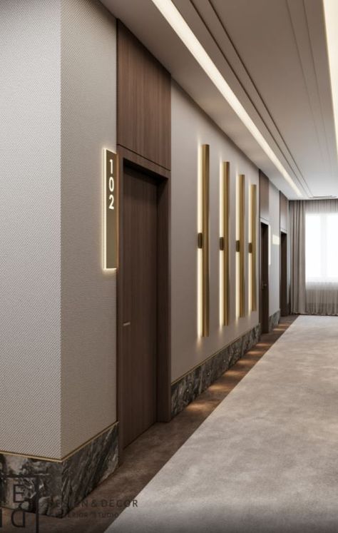 Residential Lobby Design, Hotel Corridor Design, Hotel Doors Design, Residential Lobby, Aesthetic Interior Design, Hotel Corridor, Corridor Design, Hotel Door, Hotel Room Design