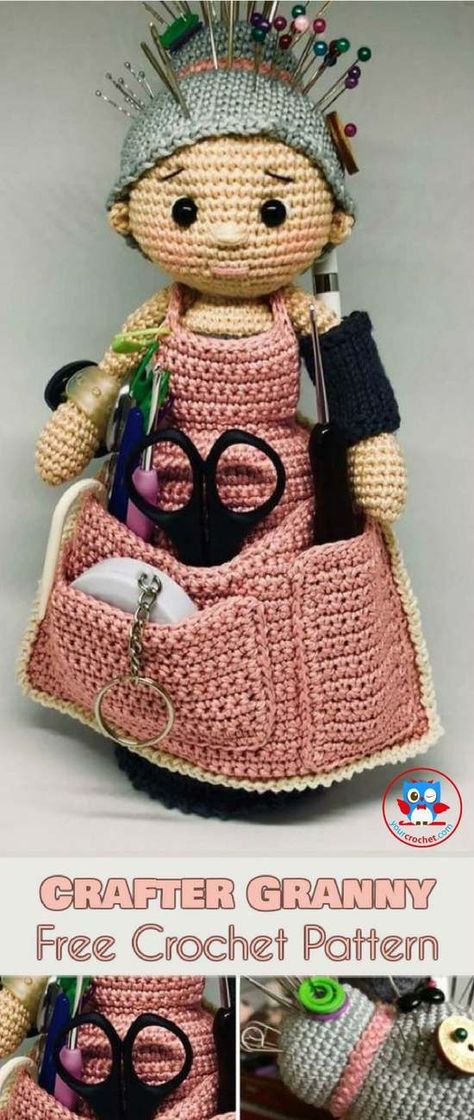 The Amigurami Granny Doll is everything you need for organizing your craft tools. It is a scissors pocket, pin cushion and hook divider all in one... plus it has a bunch more useful nooks and crannies. Granny Dolls, Doll Organization, Crochet Hook Organizer, Doll Amigurumi Free Pattern, Pola Amigurumi, Haken Baby, Crochet Stuff, Crochet Granny, Crochet Hat