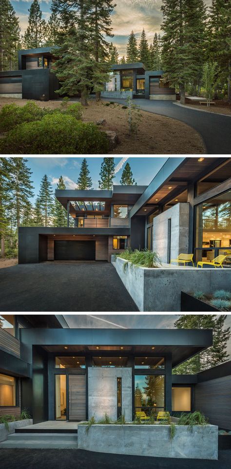 This home, designed as a secluded and relaxing environment for a family, has plenty of outdoor room and combines wood with black elements for a dramatic color palette. Forest House, California Homes, House Goals, Design Case, In The Forest, Dream Homes, Modern House Exterior, Contemporary Architecture, House In The Woods