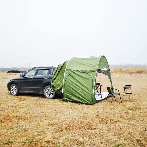 It's the perfect way to get away from the heat, or weather, and offers a nice relaxing area inside for up to 4 people to sit around a table. You can even use the tailgate tent to sleep in, as it can sleep up to 2 adults comfortably while the kids sleep inside the SUV or minivan. The "D" shaped car tent offers ample room inside, measuring 10 feet long x 5 feet wide x 7.2 feet tall, and offers enough room inside to even fit a table to eat at or work at, , with 4 chairs around it. Rav4 Camping, Bed Tents, 5 Person Tent, Camo Truck, 8 Person Tent, Tent For Camping, 3 Person Tent, Zelt Camping, Tailgate Tent