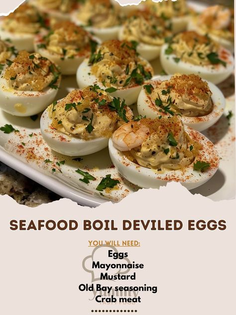 🥚 Seafood Boil Inspired Deviled Eggs, a creative twist on a classic! 🍤 🍴 Seafood Boil Deviled Eggs 🛒 Ingredients: Eggs: 12 Mayonnaise: 1/4 cup Mustard: 1 tbsp Old Bay seasoning: 1 tsp Crab meat: 100g Shrimp: 100g, chopped Parsley: for garnish 👩‍🍳 Instructions: Prepare Eggs: Hard boil eggs, peel, and halve. Mix Filling: Scoop yolks, mix with mayo, mustard, seasoning, crab, and shrimp. Stuff Eggs: Spoon filling into egg whites. Garnish: Sprinkle with parsley. 🥚 Impress your guests with thes... Egg Mayonnaise, Prepared Eggs, Old Bay, Seafood Boil, Crab Meat, Hard Boiled Eggs, Deviled Eggs, Boiled Eggs, Mayonnaise