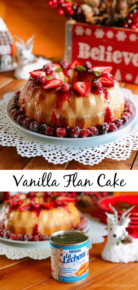 Flan With Cake, Strawberry Flan Recipe, Chocolate Flan Cake Recipe, Vanilla Flan Cake Recipe, Flan Cake Recipe Easy, La Lechera Recipes Desserts, Easy Flan Recipe Condensed Milk, Strawberry Flan Cake, Flan Dessert Recipes