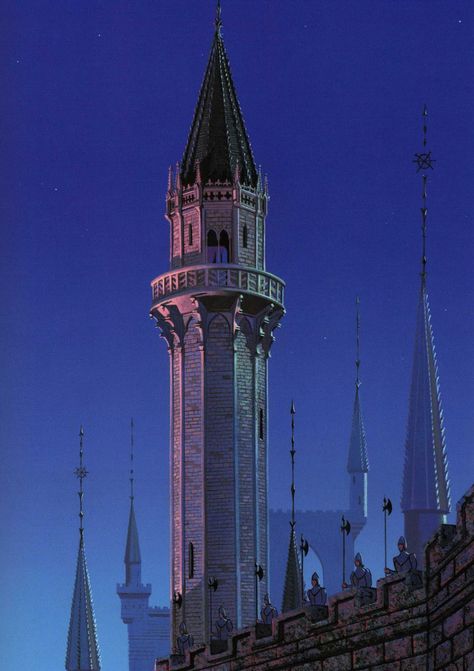 Sleeping Beauty tower Disney Sleeping Beauty Background, Princess Tower Aesthetic, Sleeping Beauty Concept Art Eyvind Earle, Pretty Animation, Disney Architecture, Paper Theater, Eyvind Earle, Sleeping Beauty 1959, Background Painting