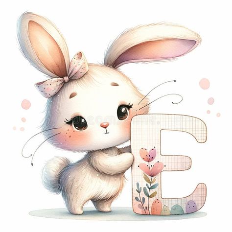 Bunny Holding Letter E. Illustration about enchanting, character, dive, vibrant, childhood, educational, captures, watercolor, creative, touch, magic, learning, adorable - 306267443 Bunny Door Decoration, Easter Basket Themes, Boho Baby Nursery, Easter Frame, Mooi Prentjies, Doodles Ideas, Rabbit Drawing, Bunny Drawing, Cute Rabbits