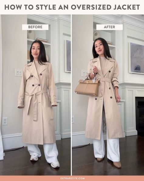 How to Style an Oversized Trench on a Petite Frame Oversized Trench Coat Outfits, Long Trench Coat Outfit, Oversized Coat Outfit, Petite Women Outfits, Petite Winter Fashion, Petite Capsule Wardrobe, Petite Trench Coat, Oversized Winter Coat, Trench Outfit