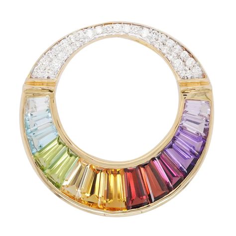 18K Gold Rainbow Gemstones Baguette Diamond Circular Pendant Necklace Brooch For Sale at 1stDibs | what channel is gemstones on, rainbow jewels, channel Rainbow Stone Necklace, Egyptian Era, Rainbow Gemstones, Peridot Green, Rainbow Jewelry, Channel Set, Aquamarine Blue, Baguette Cut, Bridal Fashion