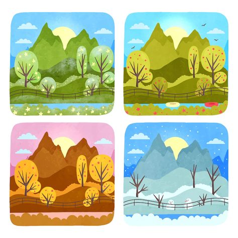 4 Seasons Watercolor Painting, 4 Season Illustration, 4 Seasons Illustration, Spring Vector Illustration, 4 Seasons Aesthetic, 4 Seasons Art, Seasons Drawing, Seasons Illustration, Whale Migration