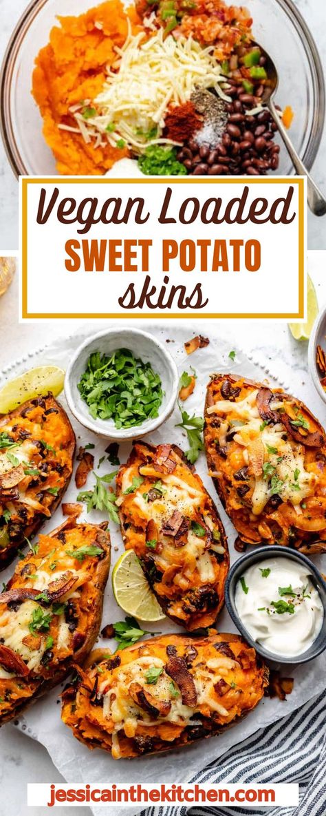 Who doesn’t love potato skins? Crispy and cheesy, need I say more? I’m here to show you a vegan sweet potato skin recipe that is just as loaded and delicious as the original, but a bit healthier. They’re super easy to make and fun to eat, and I have no doubt they’ll become one of your game day staples in no time! Stuffed Sweet Potatoes Vegan, Vegan Loaded Sweet Potato Fries, Loaded Sweet Potato Vegan, Stuffed Sweet Potato Dinner, Alkaline Sweet Potato Recipes, Veggie Packed Sweet Potato Boats, Loaded Sweet Potato Skins, Tofu Stuffed Sweet Potato, Vegan Jacket Potato Filling