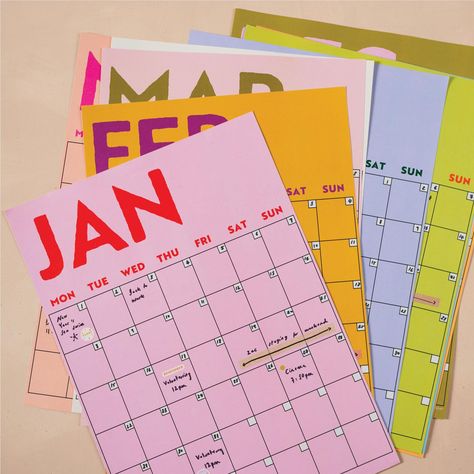 Planning on steroids! Get a clear view of your plans for the year ahead with this flexible undated wall planner / calendar that you can start any month in the year. A deliciously bold colour palette with contrasting font colours (pink & Red anyone?)- we're thinking this is a strong feature wall for your zoom backgrounds or Tiktoks, if that's your vibe. The 12 monthly large A3 prints can be arranged on the wall together for a full calendar year overview or choose to hang one or a few at a time. P Monthly Wall Planner, Aesthetic Wall Calendar, Planner Aesthetic Ideas, Monthly Planner Design, Monthly Planner Aesthetic, Calander Design, Graphic Design Calendar, Aesthetic Agenda, Fonts 2024