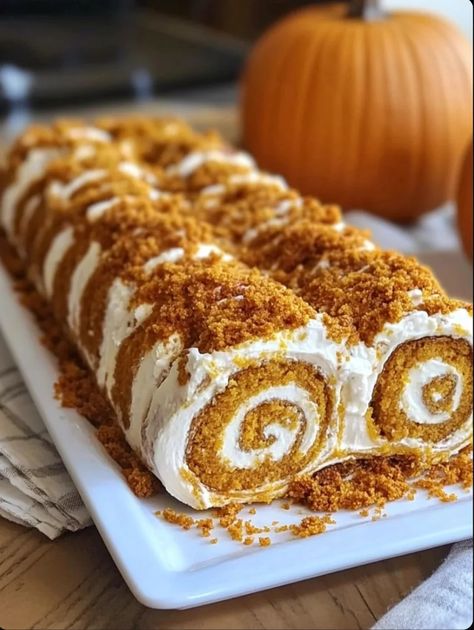 Pumpkin Roll with Cream Cheese Frosting Pumpkin Cheesecake Roll, Pumpkin Roll With Cream Cheese Filling, Pumpkin Cream Cheese Roll, Classic Fall Desserts, Chocolate Chip Pound Cake, Pumpkin Roll Cake, Pumpkin Rolls Recipe, Good Cakes, Chocolate Garnishes