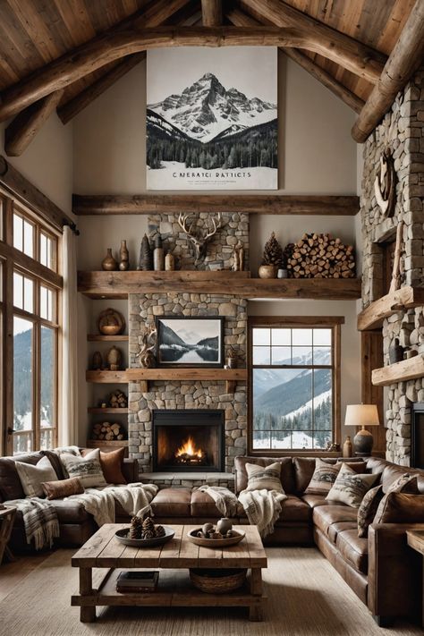 Mountain Home Living Room Ideas, Mountain Lodge Living Room, Modern Log Home Interiors, Mountain Home Living Room, Luxury Cabin Interior, Western Interior Design, Mountain House Interior, Lodge Living Room, Mountain Interior Design