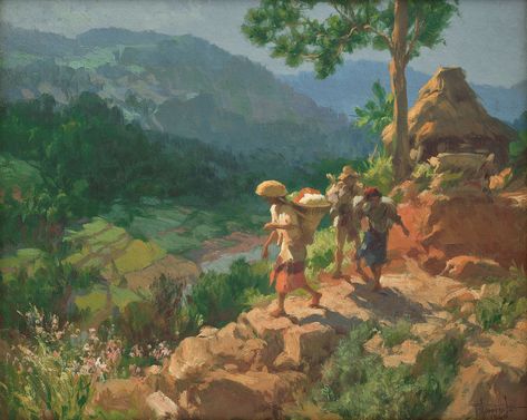 Fernando Amorsolo - Banaue Rice Terraces 1940 Fernando Cueto Amorsolo, Fernando Amorsolo, Filipino History, Banaue Rice Terraces, Philippine Mythology, Simple Paintings, Banaue, Filipino Art, Philippine Art