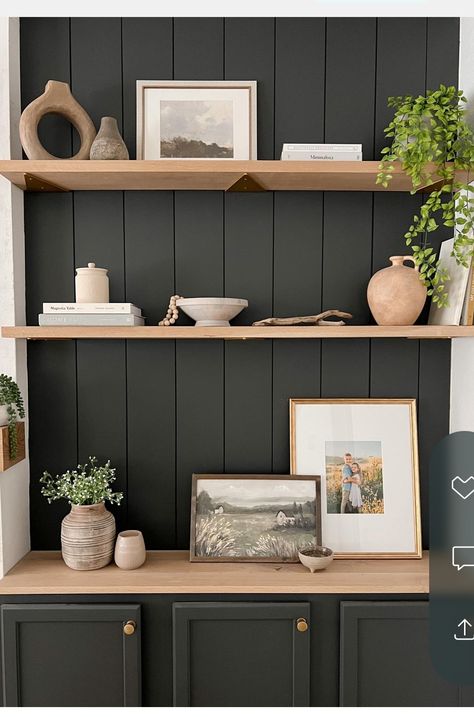 Floating Shelves On Wood Paneling, Kitchen Shelf Display, Dining Room Shelf Decor, Dining Room Floating Shelves, Dining Room Shelving, Kitchen Shelf Design, Home Shelves Ideas, Vegas House, Accent Wall In Kitchen