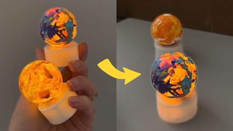 Turn your ping pong balls into these beautiful DIY planets that light up at night! Find the instructions here. Fairy Lights In A Jar, Flower Fairy Lights, Outdoor Candle Holders, Diy Joy, Diy Tea, Planet For Kids, Tea Diy, Ping Pong Balls, Outdoor Candles