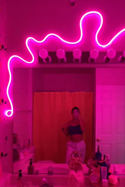 Pink Neon Sign Bedroom, Neon Bathroom Aesthetic Ideas, Neon Pink Bathroom Aesthetic, Pink Apartment Aesthetic Bathroom, Pink Led Bathroom, Pink Hangout Room, Bathroom Ideas Neon, Hot Pink Bathroom Decor Ideas, Neon Lights Apartment