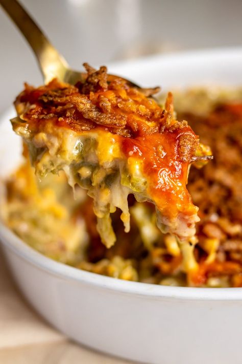 Cheesy Green Bean Casserole - Grilled Cheese Social Grilled Cheese Social, Sweet Potato Casserole Southern, Cheesy Green Beans, Cheesy Green Bean Casserole, Southern Banana Pudding, French Fried Onions, Cream Of Celery Soup, Crispy Onions, Green Bean Casserole