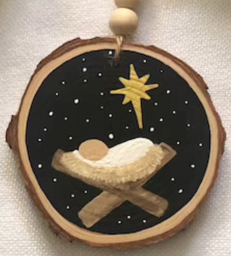 Manger Ornament, Breakfast Event, Kitchen Boards, Homemade Ornament, Wood Slice Ornaments, Christmas Manger, Wood Cookies, Painted Ornament, Wood Disc