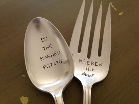 Metal Stamping Projects, Where's The Beef, Spoon Art, Hand Stamped Metal, Traditional Dishes, Fork And Spoon, Serving Fork, Spoon Jewelry, Repurposed Items