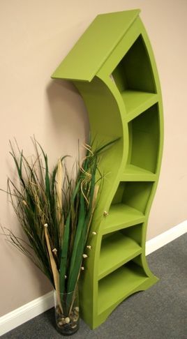 Curvy, avocado green bookshelf! Green Bookshelves, Eclectic Decor Vintage, Computer Armoire, Eclectic Lighting, Childrens Bookcase, Straight Line Designs, Bookcases For Sale, Eclectic Furniture, Bookshelves Kids