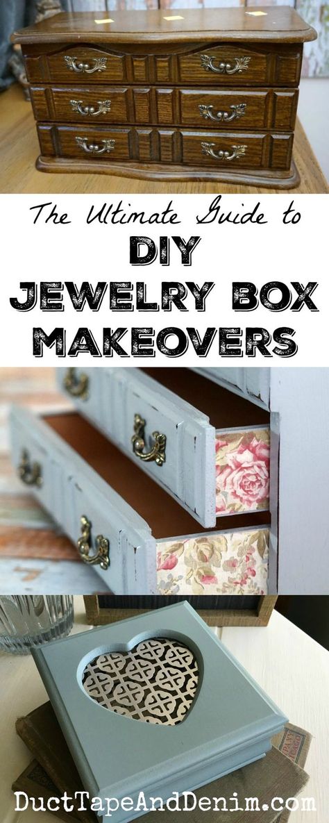 Ultimate guide to DIY jewelry box makeovers. Where to find them, how to paint, decoupage, and add other embellishments to update your thrift store finds. | DuctTapeAndDenim.com Make Your Own Jewelry Box, Redone Jewelry Boxes, Repainted Jewelry Boxes, Altered Jewelry Boxes, Upcycled Jewelry Box Diy, Painted Jewelry Boxes Diy, Jewelry Box Painting Ideas, Jewerly Box Diy, Diy Jewelry Box