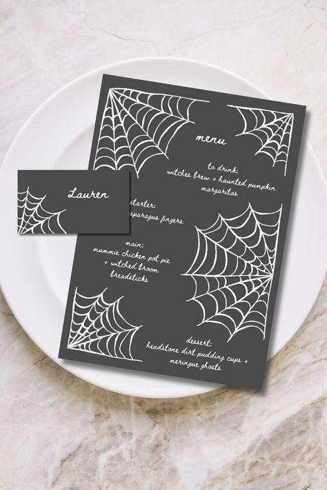 Customizable Spooky Spider Halloween Menu BUNDLE with 4 placecard layout options. These printable templates are perfect for spooky halloween dinner party, or even a costume party! Invite all your besties for a night of scary movies, creepy costumes and all the candy they can eat! #aesthetichalloween #halloweenmenu #halloweendinnerparty #dinnerparty #spookydinnerparty #menutemplate #heykellystudio #printablemenu Halloween Dinner Invitations, Halloween Menu Design, Halloween Menu Ideas, Dinner Party Menu Template, Halloween Dinner Party Menu, Spooky Dinner Party, Spooky Halloween Dinner, Party Menu Template, Costume Party Invite