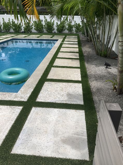 Concrete Slabs Around Pool, Pool With Pavers And Turf, Pool Surround Ideas Landscaping, Pathway To Pool Backyards, Pool Landscaping Concrete, Landscape Around Rectangle Pool, Pool And Turf Backyard, Pool With Turf And Concrete, California Backyard Pool