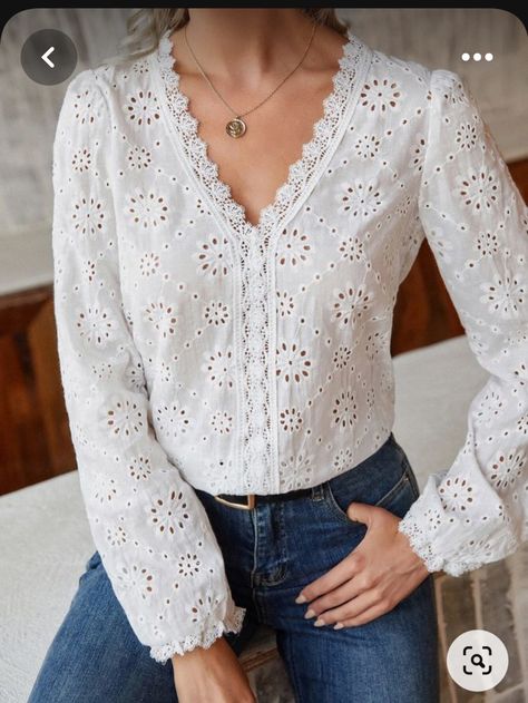 Lace Shirt Outfit, Women Chiffon Blouse, Lacy Tops, Stylish Short Dresses, Women Blouses Fashion, Myanmar Dress Design, Fancy Tops, Eyelet Embroidery, Trendy Fashion Tops