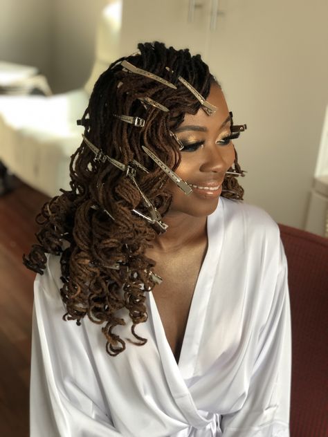 Body wave curls Wedding Hair Dreads Black Women, Curled Faux Locs, Wedding Hairstyles For Microlocs, Locs Bridal Styles, Wedding Style Locs, Locd Bride, Bride Dreadlocks Wedding Styles, Black Bride With Locs, Sister Loc Wedding Hairstyles