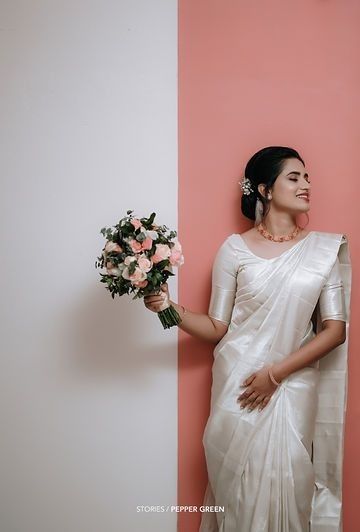 Christian Poses, White Saree Wedding, Silver Saree, Christian Wedding Dress, Christian Wedding Gowns, Christian Bridal Saree, White Sari, South Indian Bride Saree, Bride Saree