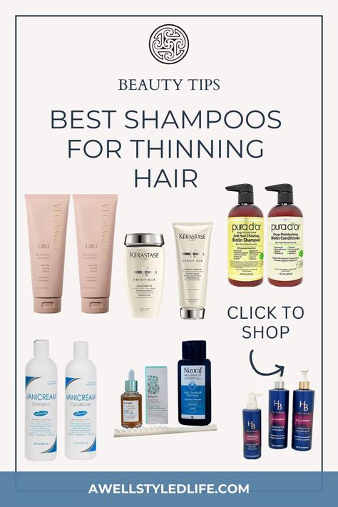 If you are looking for new hair products for thinning hair, look no further. A Well Styled Life share a list of the best shampoos for thinning hair. This products can help your hair look fuller. Follow for more beauty tips and hair style ideas for women over 60. Best For Thinning Hair, Top 5 Shampoos For Thinning Hair, Hair Thinning Remedies Woman Products, Products For Thinning Hair For Women, Best Products For Thinning Hair, Tips For Thinning Hair Women, Shampoo And Conditioner For Thinning Hair, Help For Thinning Hair For Women, Best Shampoo And Conditioner For Thinning Hair