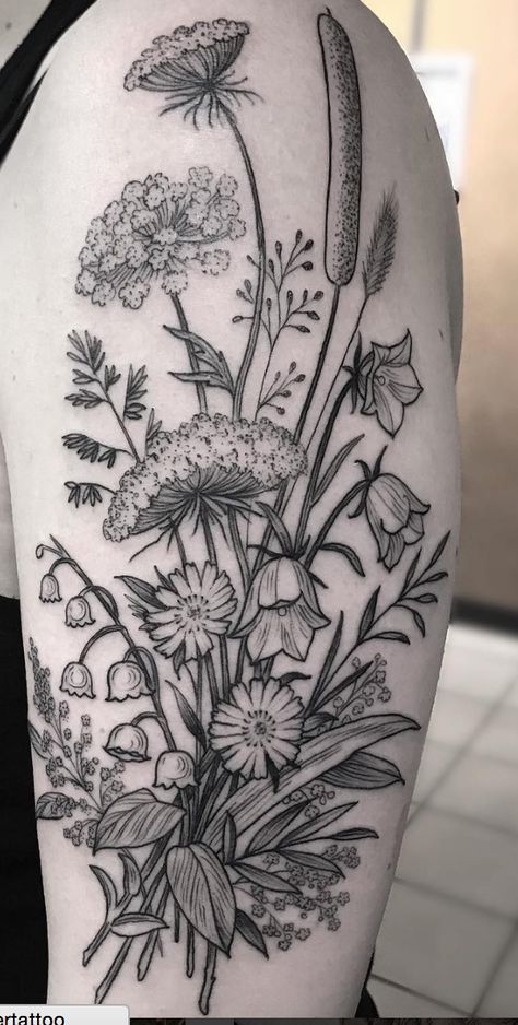 Womens Wildflower Sleeve Tattoo, Thigh Nature Tattoos Women, Mushroom And Flowers Tattoo Sleeve, Wild Flower Tattoos Sleeve, Earthy Arm Sleeve Tattoo, Tennessee Wildflowers Tattoo, Odaat Tattoo, Unique Botanical Tattoo, Wildflower Arm Sleeve Tattoo