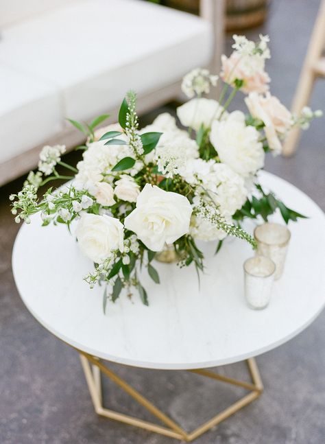 White rose, white peony, white delphinium, blush rose, white scabiosa, lysimachia, white hydrangea round centerpiece White Rose Centerpiece Round Table, White Rose Reception, White Rose Hydrangea Centerpiece, Wedding Coffee Table, Minimalist White Rose Centerpiece, White Floral Compote Centerpiece, White Scabiosa, Wedding Flower Centerpieces, White Delphinium