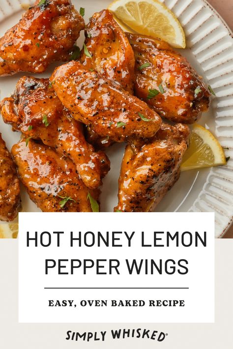 Move over buffalo, we've got a new chicken wing sauce in town. These hot honey lemon pepper chicken wings are baked until crispy and topped with a homemade hot honey sauce that takes these wings to the next level, adding a delightfully sweet and zesty kick to every bite. Honey Hot Lemon Pepper Sauce, Boneless Wing Sauce Recipes, Hot Lemon Pepper Wings Recipes, Hot Honey Recipe Chicken Wings, Honey Lemon Pepper Wings Air Fryer, Hot Lemon Pepper Sauce, Lemon Pepper Hot Wings Recipe, Lemon Pepper Wings Baked, Hot Honey Wings Recipes