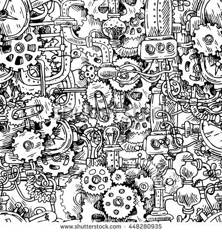 Beautiful hand drawn seamless pattern steampunk. Raster copy Steampunk Doodles, Steampunk Patterns, Laser Cut Decor, Hand Drawn Vector, Seamless Pattern Vector, Hand Art Drawing, Environment Concept Art, Zentangle Patterns, Mural Painting