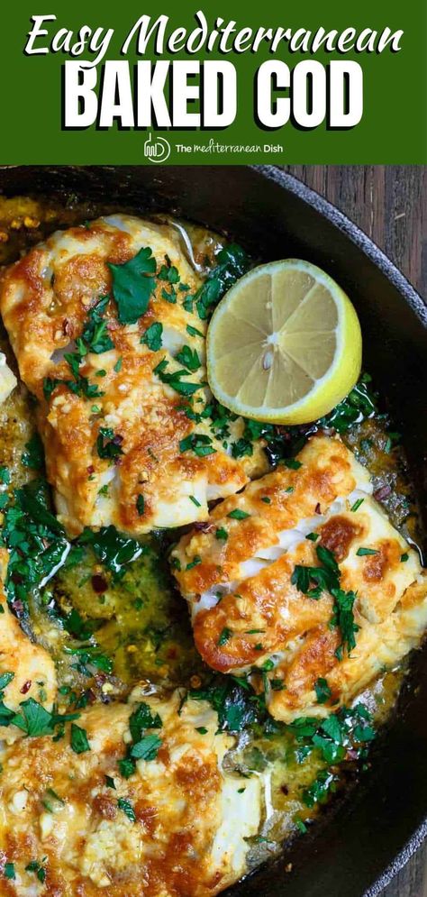 Mediterranean Italian Recipes, Cod Fish Meals, Yummy Fish Recipes, Healthy Cod Recipes Baked, Summer Cod Recipes, Greek Cod Fish Recipes, Heart Healthy Cod Recipes, Cod Healthy Recipes, Easy Mediterranean Fish Recipes