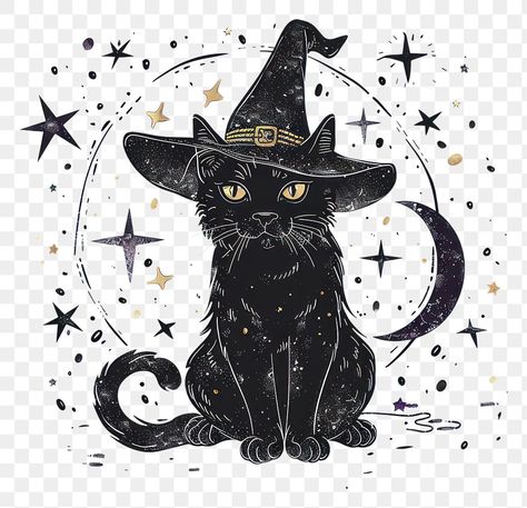 Witchy Svg Free, Black Cat With Witch Hat, Cat With Hat, Aesthetic Pngs, Purple Png, Black Cat Witch, Witch Png, Png Elements, About Halloween