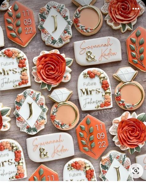 Wedding Decorated Cookies Royal Icing, Fall In Love Cookies Decorated, Terracotta Wedding Cookies, Fall Bridal Shower Cookies Decorated, Fall Wedding Cookies Royal Icing, Fall In Love Cookies, Fall Floral Cookies, Fall Wedding Sugar Cookies, Spring Wedding Cookies