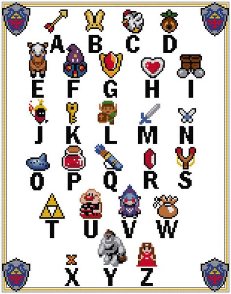 Zelda Alphabet Sampler Cross Stitch by HappyCupcakeCreation, $25.00 Stitch Games, Stitch Character, Geek Crafts, Completed Cross Stitch, Cross Stitch Alphabet, Back Stitch, Perler Bead Patterns, Legend Of Zelda, Cross Stitch Embroidery