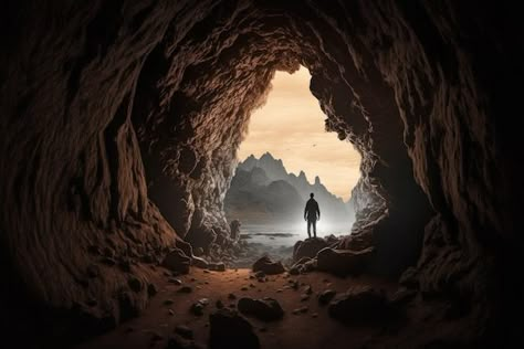 Photo man in front of the entrance to a ... | Premium Photo #Freepik #photo #cave #black-rock #underground #mystery Cave Entrance Drawing, Cave Logo, Cave Illustration, Cave Aesthetic, Pixel Reference, Cave Photography, Cave Images, Picture Of A Person, Cave Entrance