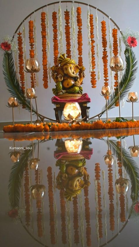 Ganpati Decoration Theme, Ganpati Decor, Mandir Decoration, Ganesh Chaturthi Decoration, Home Flower Decor, Ganpati Decoration At Home, Diy Floral Decor, Janmashtami Decoration, Ganapati Decoration