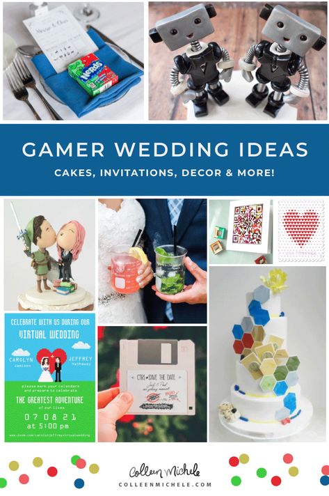 Wedding Ideas for Gamers Nerd Wedding Reception, Gamer Wedding Theme Ideas, Nintendo Themed Wedding, Gamer Wedding Favors, Computer Wedding Theme, Nerdy Wedding Reception Ideas, Gaming Themed Wedding, Nerdy Bridal Shower Ideas, Gamer Wedding Centerpieces