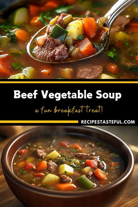 Beef Vegetable Soup is a hearty and nourishing dish filled with tender beef, fresh vegetables, and savory broth. A perfect comfort food for chilly days, packed with flavor and nutrients in every spoonful! #BeefVegetableSoup #ComfortFood #HealthySoup Beef Vegetable Soup Recipe, Tender Chuck Roast, Beef Vegetable Soup, Vegetable Soup Recipe, Vegetable Soup Recipes, Homemade Beef, Tender Beef, Breakfast Treats, Healthy Soup