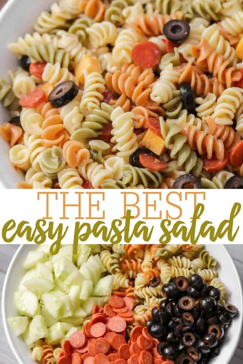 Easy and delicious Italian Pasta Salad recipe that includes Rotini pasta, olives, tomatoes, & cheese in Italian dressing! It takes minutes to make and is perfect for any get together including BBQs and holidays. #easypastasalad #pastasalad #easy #BBQ #pastasaladrecipe Italian Pasta Salad For A Crowd, Pasta Salad With Pepperoni And Cheese, Pasta Olives, Rotini Salad, Bake Macaroni, Creamy Italian Pasta Salad, Easy Pasta Salad Recipes, Summer Pasta Salad Recipes, Veggie Pasta Salad