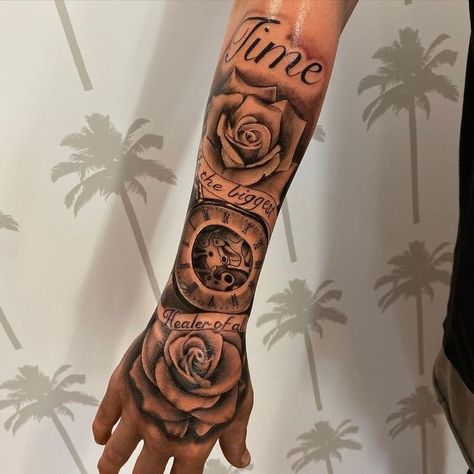 Men Four Arm Tattoo, Whole Tattoo Sleeve, Hand Arm Sleeve Tattoo, Arm Tattoo That Goes Onto Hand, Good Sleeve Tattoo Ideas, Good Arm Tattoos For Men, Quote Sleeve Tattoo Men, Good Arm Tattoos, Starter Arm Sleeve Tattoo