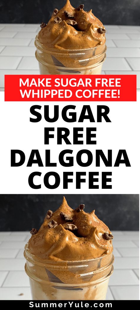 Can you make sugar free dalgona coffee? You bet! This sugar free whipped coffee recipe is easy to make, keto, low carb, and vegan too! You’ll love this dalgona coffee without sugar for a quick and (semi) healthy dessert. Low calorie dalgona coffee for weight loss will satisfy your sweet cravings, and you can even make it caffeine free. You only need 3 ingredients to make the best keto whipped coffee! #keto #lowcarb #vegan #lowcalorie #glutenfree #nosugar #sugarfree Healthy Whipped Coffee, Keto Dalgona Coffee Recipes, Keto Whipped Coffee, Sugar Free Coffee Recipes, Sugar Free Iced Coffee Recipe, Sugar Free Coffee Drinks, Low Calorie Coffee Drinks At Home, Low Cal Coffee, Keto Frozen Coffee