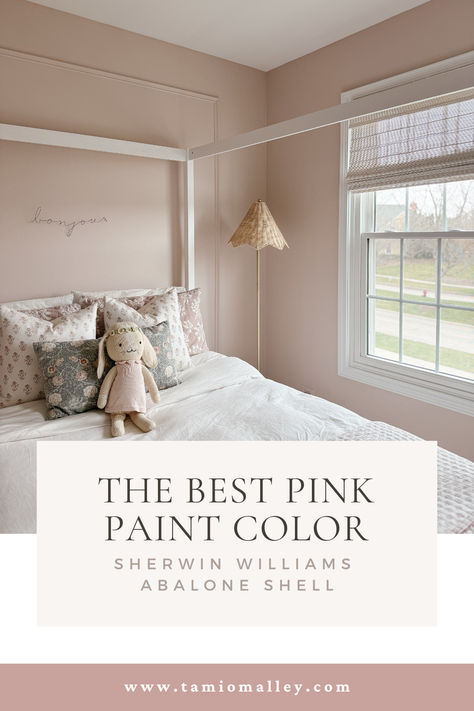 the best pink paint color, little girls room , 8 year old girls room,Girls bedroom ideas from an interior designer, Sherwin Williams Abalone Pink paint color, white canopy bed, rattan light, lillian august rattan lamp, full size canopy bed, block print quilt and pillow cases, picture frame moulding in girls room, bamboo bench from target Blush Pink Sherwin Williams Paint, Sherwin Williams Pressed Flower Bedroom, Sw Abalone Shell, Possibly Pink Sherwin Williams, Peachy Pink Wall Paint, Pink Bedroom Sherwin Williams, Alyssum Sherwin Williams, Sherwin Williams Pink Colors, Light Pink Nursery Paint Color