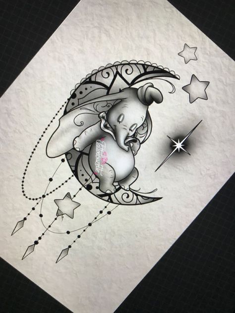 Cute Dumbo Tattoo, Dumbo Tattoo Ideas, Disney Mandala Tattoo, Disney Dumbo Tattoo, Disney Tattoo Designs, Disney Tattoos Unique, Dumbo Tattoo, Disney Sleeve Tattoos, Stitch Tattoo