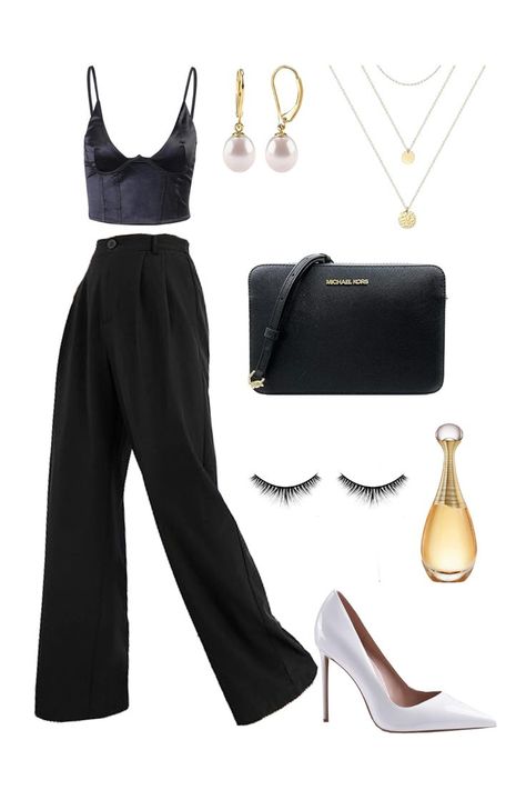 Outfit for a date with a bustier top, a black pants, and white heels High Waisted Flare Pants, Black Corset Top, Romantic Evening, High Waisted Flares, Black Corset, Flared Pants, Corset Top, Flare Pants, Essence