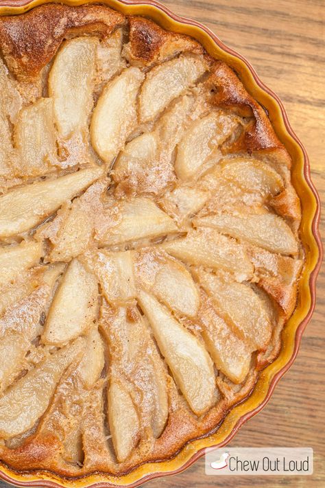 Julia Child's Pear Clafoutis. Delicious Custard Center and Puffy Soufflé Top. Impressive yet simple. Pear Clafoutis, Clafoutis Recipes, Julia Childs, Julia Child Recipes, Pear Dessert, Pear Recipes, French Dessert, Fruity Desserts, French Recipes